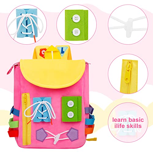 Image of Busy Board - Toddler Backpack with Buckles and Learning Activity Toys - Develop Fine Motor Skills and Basic Life Skills - Learn to Tie Shoes - Children's Travel Toy (Pink)