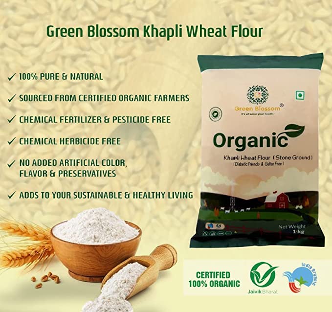 Green Blossom Organic Khapli / Emmar Wheat Flour - 5 Kg (1 Kg x 5 Pack) | Stone Ground I Perfectly Aged I Long Grain I Rich Aroma I Diabetic Friendly" 3