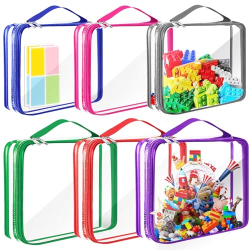 AOBOPLE 6 Packs Toy Storage Bags with Zipper,2 Size PVC Clear Toy Organizer Bags with Labels,Toy Bags for Board Games,Building Blocks,Puzzles,Kids Books