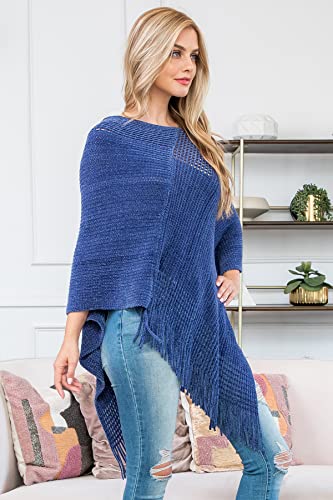RIAH FASHION Warm Turtleneck Knit Stripe Fringe Hem Poncho - Fall Winter Asymmetric Pullover Sweater Shawl Wrap Tassel4