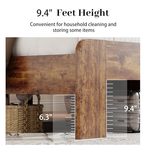 Image of King Size Wooden Bed Frame with Headboard, Rustic Farmhouse Wooden Bedframe with LED Lights and Charging Station, Easy Assembly, No Box Spring Needed (Rustic Brown, King)