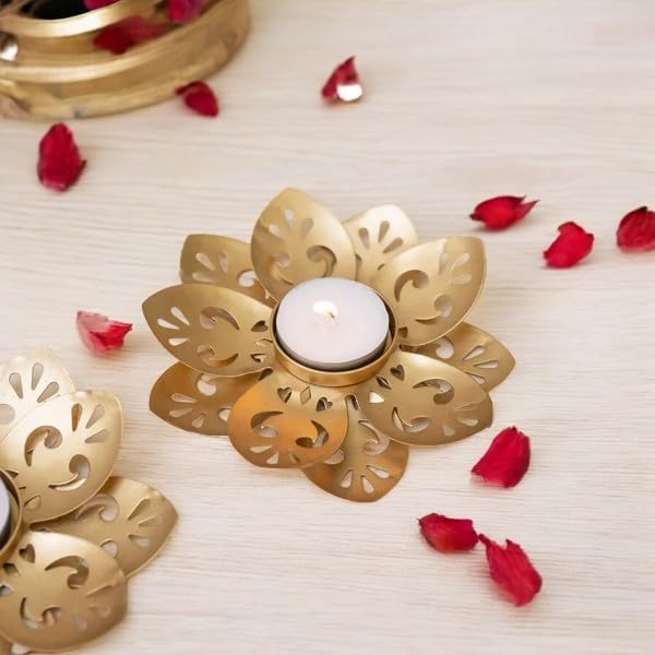 Image of Ascension Set of 2 Golden Lotus Floral Decorative Metal Diyas for Diwali Decor Tea Light Candle Holder for Diwali Decoration Beautiful Decor for Home Temple Festivel Gift for Housewarming