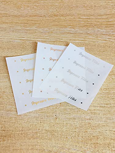 Pack De 24 Joyeuses Fêtes Français Noël Autocollants, Brillant Doré Brillant, Brillant Argent Ou or Rose Sur Transparent Cover