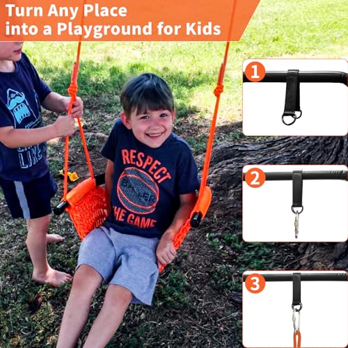 Image of Hi-Na Kids Swing for Swing Set, Heavy Duty Rope Swings with Snap Hooks and Straps, 440LBS Capacity, Toddler Swing Seat for Indoor Porch, Outdoor Playground, Tree, Orange