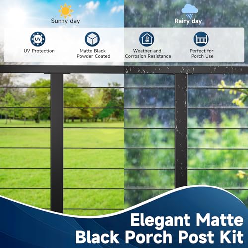 Image of 36 inch Black Cable Railing Post, T304 Stainless Steel Level Drilled Railing Post with Black 1 /8 inch Cable, Surface Mount Powder-Coated Railing Post for Indoor Outdoor Deck Fence Porch System