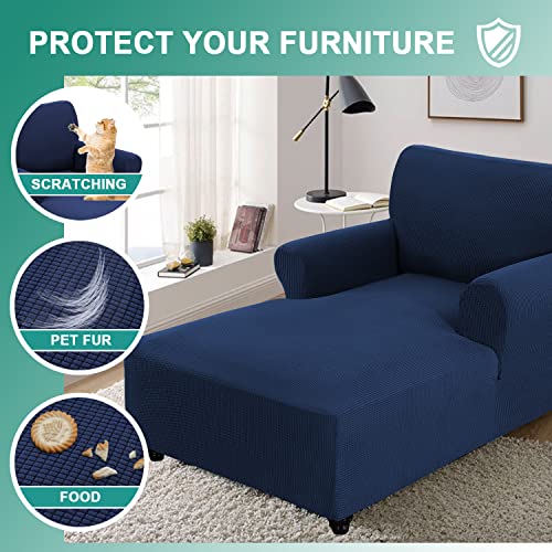 Chaise Cover, Stretch Chaise Lounge Covers, Chaise Chair Slipcover, Sofa Chaise Cover With Double Arm, Jacquard Fabric Small Checks Furniture Protector Couch Soft With Elastic Bottom（Navy Blue，M） #TOP2