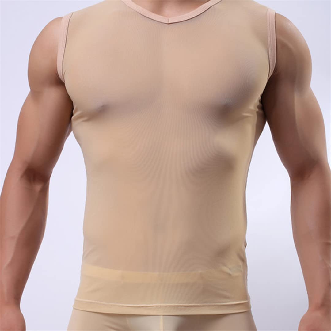 Uomini Sexy Mesh Vedere Attraverso T-Shirt Pigiameria Senza Maniche Top Intimo Maschio Undershirt Camicia Trasparente Colore L
