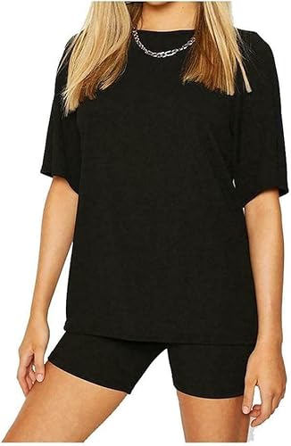 BESTITALIANUK Womens Oversized Plain T-Shirt Cycling Short 2 Pcs Set Ladies Gym Sports Active Loungewear Co-ords Suit (Black, 12-14 UK)