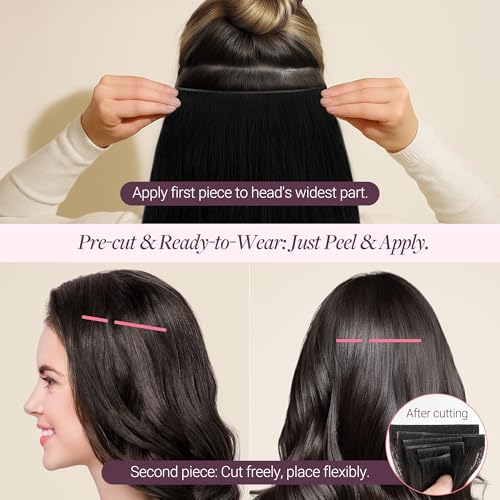 Image of GOO GOO Tape In Weft Hair Extensions Human Hair, Genius PU Long Weft Tape In Hair Extensions Real Human Hair, Silky Easy to Use, 1 Jet black 14 inch 50g 2pcs