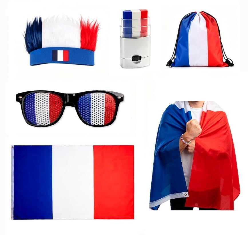 Aitsite World Cup Football 2026 Fan Merchandise Set, France Flag Hooded Cape & Glasses & Wig for Football Fans, France Flag for Sports Events Festivals Parades World Cup