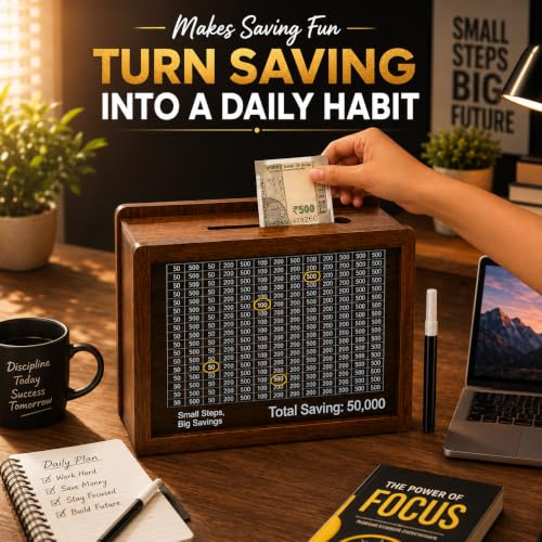 Image of PulGos Wooden Money Saving Box with Marker|50,000 Goal Counter Piggy Bank
