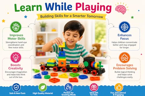 Image of Happy Kids Building Blocks Train Toy Set | DIY Creative Construction with Wheels | Educational | Motor Skills Development | Multicolor Plastic Blocks Set