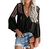Canikat Women's Fashion Fall Bell Long Sleeve Button Down Tops V Neck Lace Hem Basic Tee Shirts Chiffon Flowy Blouses Black L