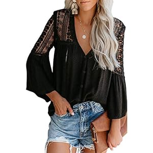 Canikat-Womens-V-Neck-Lace-Crochet-Flowy-Bell-Sleeve-Button-Down-Casual-T-Shirts-Blouses-Tops Canikat Women's Fashion Fall Bell Long Sleeve Button Down Tops V Neck Lace Hem Basic Tee Shirts Chiffon Flowy Blouses Black L