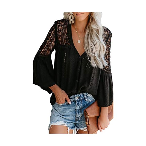 Canikat Women's Fashion Fall Bell Long Sleeve Button Down Tops V Neck Lace Hem Basic Tee Shirts Chiffon Flowy Blouses Black L