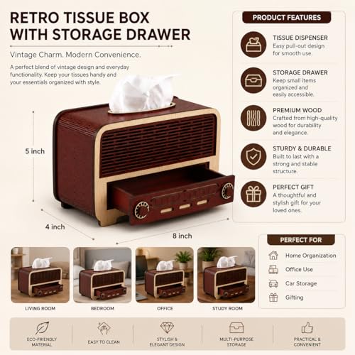 Image of Retro Wooden Tissue Box with Storage Drawer | Vintage Tissue Paper Holder for Home, Office & Car | Multipurpose Decorative Organizer Box