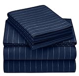 Amazon Brand – Pinzon 160-Gram Pinstripe Flannel Cotton Bed Sheet Set, Full, Navy Pinstripe