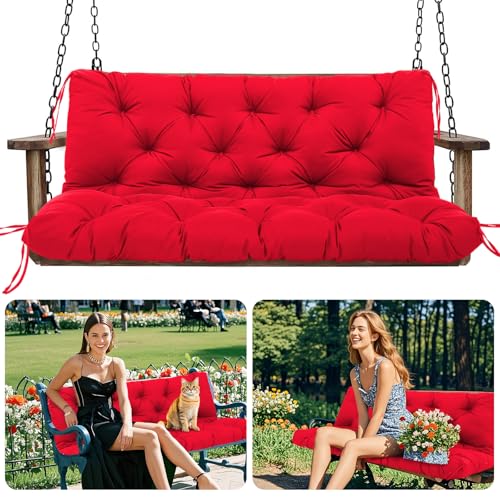 Amdieu Garden Swing Cushions 3 Seater Waterproof Bench Cushion with Backrest and 8 Ties 12cm Thick Swing Cushions Replacement for Outdoor Furniture Garden Porch Patio(Red-150 x 100 cm)
