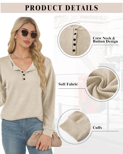 Image of AURUZA Long Sleeve Shirts for Women Henley Shirts Waffle Knit Tops Casual Loose V Neck Tunic Tops Fall Outfits Waffle TShirt