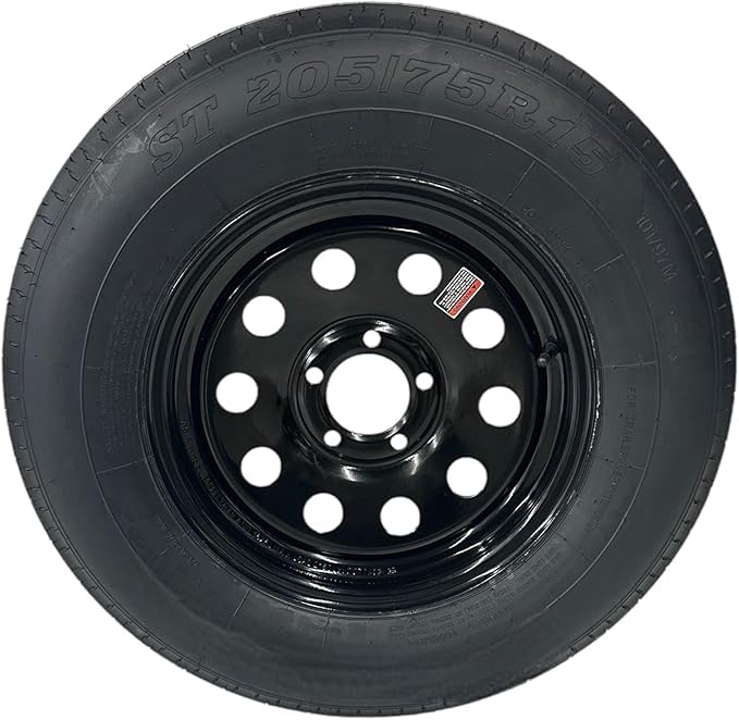 ST205/75R15 TRAILQUEST RADIAL TRAILER TIRE ON RIM LOAD RANGE C 6 PLY ON 5 LUG BLACK MODULAR STYLE WHEEL WITH 5X5 BOLT PATTERN. REPLACES F78 OR D15