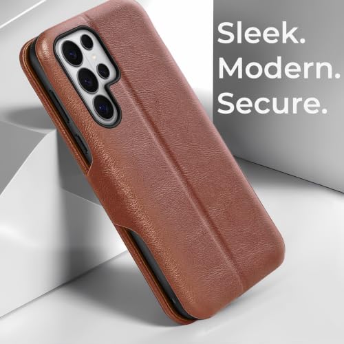 Image of PULOKA Premium Vegan Leather Phone Cover with Card Slot - Compatible with Samsung Galaxy S25 Ultra - Sleek Flip Case, Slim, Durable, Privacy Protection, Kickstand Function (Brown)
