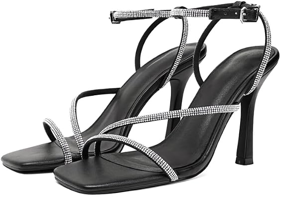 sexytag Womens Sparkly Heels Rhinestone Square Open Toe Ankle Strap Stiletto Heel Sandals