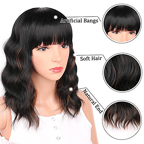 Ucubb Black Mixed Brown Wig For Black Women 14 Inch Short Wavy Hair Wigs Curly Bob Wig With Bangs Wigs Shoulder Length Wigs For Black Women Bob Style Synthetic Heat Resistant Bob Wigs #TOP7