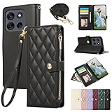 Yuotky for motorola moto g66j / g66y 5G ケース 手帳型 Moto g66j 5G ケース ショルダー Ｍoto g66y 5g スマホケース ひし形柄 モトローラ G66j カバー 人気 女性 モトローラ G66y スマホカバー 肩掛け カード収納 ジップ付き財布 小銭入れ 横置き機能 シンプル お洒落 携帯ケース (ブラック)