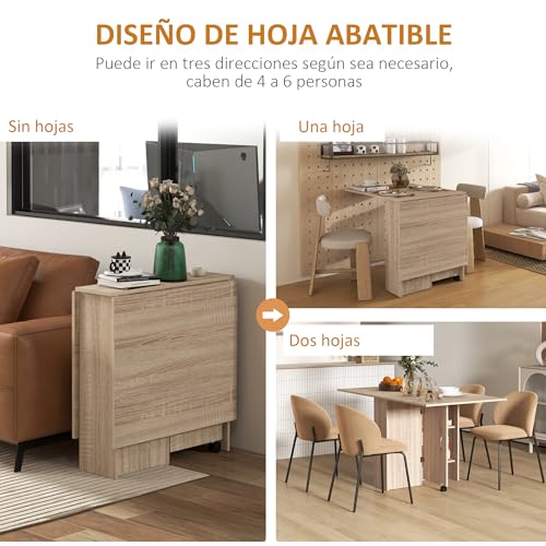 HOMCOM Mesa Plegable de Comedor Mesa de Cocina Plegable con Ruedas Alas Abatibles y Estantes para 4-6 Personas 75x140x74 cm Natural - imagen 4