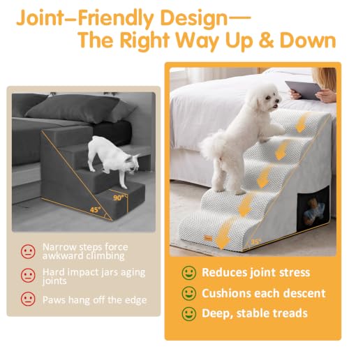 Image of Topmart High Density Foam Dog Steps 5 Tiers, Extra Wide Deep Pet Steps | Non-Slip Dog Stairs Ramp for Bed, Soft Foam Cat Ladder,Best for Older Injured, Older Pets, Cats with Joint Pain