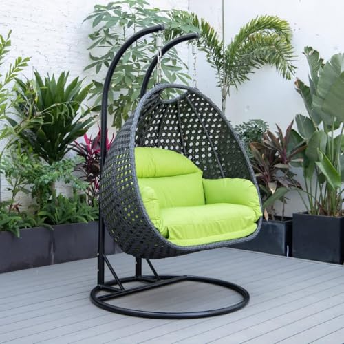 Image of Double Seater Hammock Swing Chair with Stand & Cushion | Heavy Duty Powder Coated Steel Frame | Outdoor Indoor Hanging Swing for Patio Balcony Garden Terrace Living Room (Grey-Light.Green)