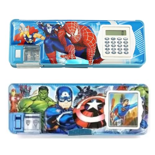 Image of Superhero Calculator Pencil Box Multipurpose Magnetic Pencil Box with Calculator & Dual Sharpener for Girls & Boys Geometry Box Pencil Case Comapas Box for Kids (Pack of 2 Pcs)