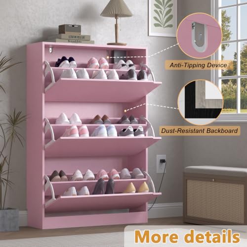 Image of BORNOON Shoe Cabinet with Odor Control and Back Panels, Deodorizing Slim 3-Flip Shoe Storage Cabinet for Entryway, Freestanding Hidden Shoe Rack Organizer for Entrance, Hallway, Bedroom