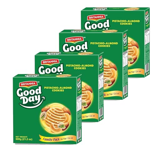 Britannia Good Day Pistachio/Almond Cookies Family Pack 21.2oz (600g) - Breakfast & Tea Time Snacks - Delicious Grocery Cookies - Halal and Suitable for Vegetarians (Pack of 4)