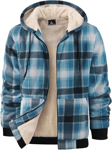 Image of ZITY Heavy Thick Hoodies for Men Plaid Flannel Warm Sherpa Fleece Lined Winter Full Zip Up Coat