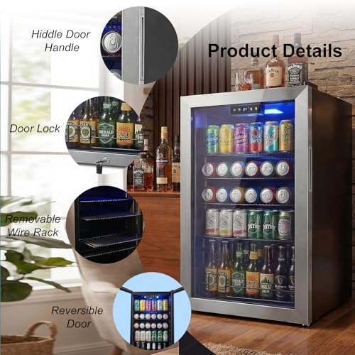 Image of 20 Inch Beverage Refrigerator, Mini Fridge with Glass Door for Soda Beer- 130 Can Small Fridge for Home Office Bar, 3.4 Cu.Ft Drink Cooler with Reversible Door, Digital Temperature Control