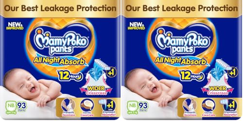 Image of MamyPoko New Pants All Night Absorb|Pantstyle Baby Diapers New Born Size(XS), 93 Count,Ideal for upto 5Kgs|1 Diaper:Upto All Night Absorption now with increased power of +1glass|Wider Crisscross Sheet