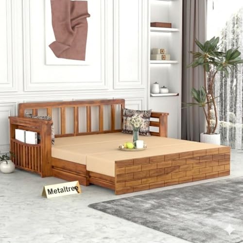 Image of MetalTree Sheesham Wood Sofa Cum Bed with Mattress - 3 Seater Wooden Sofa Bed for Living Room | Solid Wood Convertible Diwan Couch with Side Storage (Design 7)