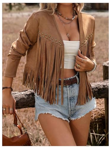 Floerns Women's Western Long Sleeve Tassel Trim Cardigan Open Front Concert Jacket Coat3