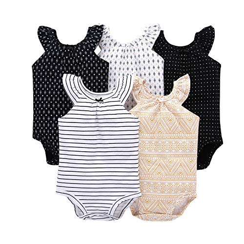 Image of JUNQIAKO 5-Pack Baby Girls Sleeveless Bodysuit Cotton Rompers Jumpsuit Outfits for 9 Months, Summer Baby Clothes Outfit