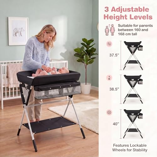 Image of HONEY JOY Changing Table, Folding Mobile Nursery Organizer w /Wheels, Adjustable Height, Storage Bag & Open Shelf, Portable Diaper Changing Station for Newborn Infant (Black, 32 inchx26 inchx39.5 inch)