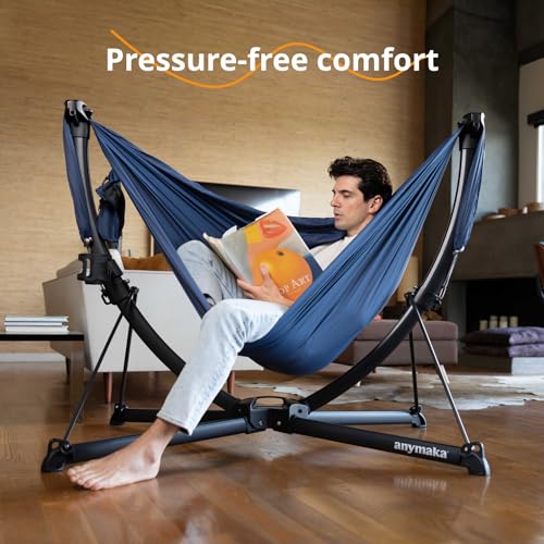 Image of Set Up in 3 Seconds Swing Chair with Stand,Outdoor Indoor Adjustable Portable Aluminum Alloy Hammock Chair (Swing Chair Set Ocean Blue)