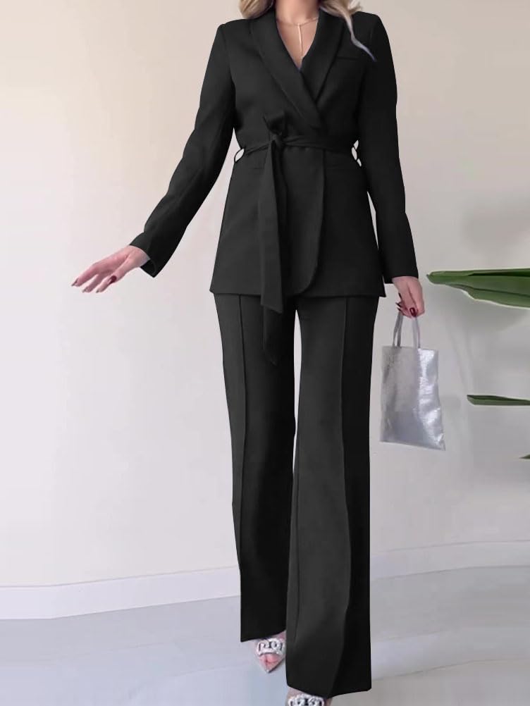 shownicer Tailleur Pantalone Donna Eleganti Completo Giacca Blazer e Pantaloni Lunghi con Cintura 2 Pezzi Set per Cerimonia Business Casual