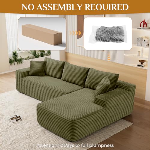 Image of 95 inch Boneless Cloud Sectional Couches for Living Room, Comfy Fluffy L Shaped Memory Foam Deep Seat Boneless Couch, Modular Sectional Sofa with Right Facing Chaise, Olive Green