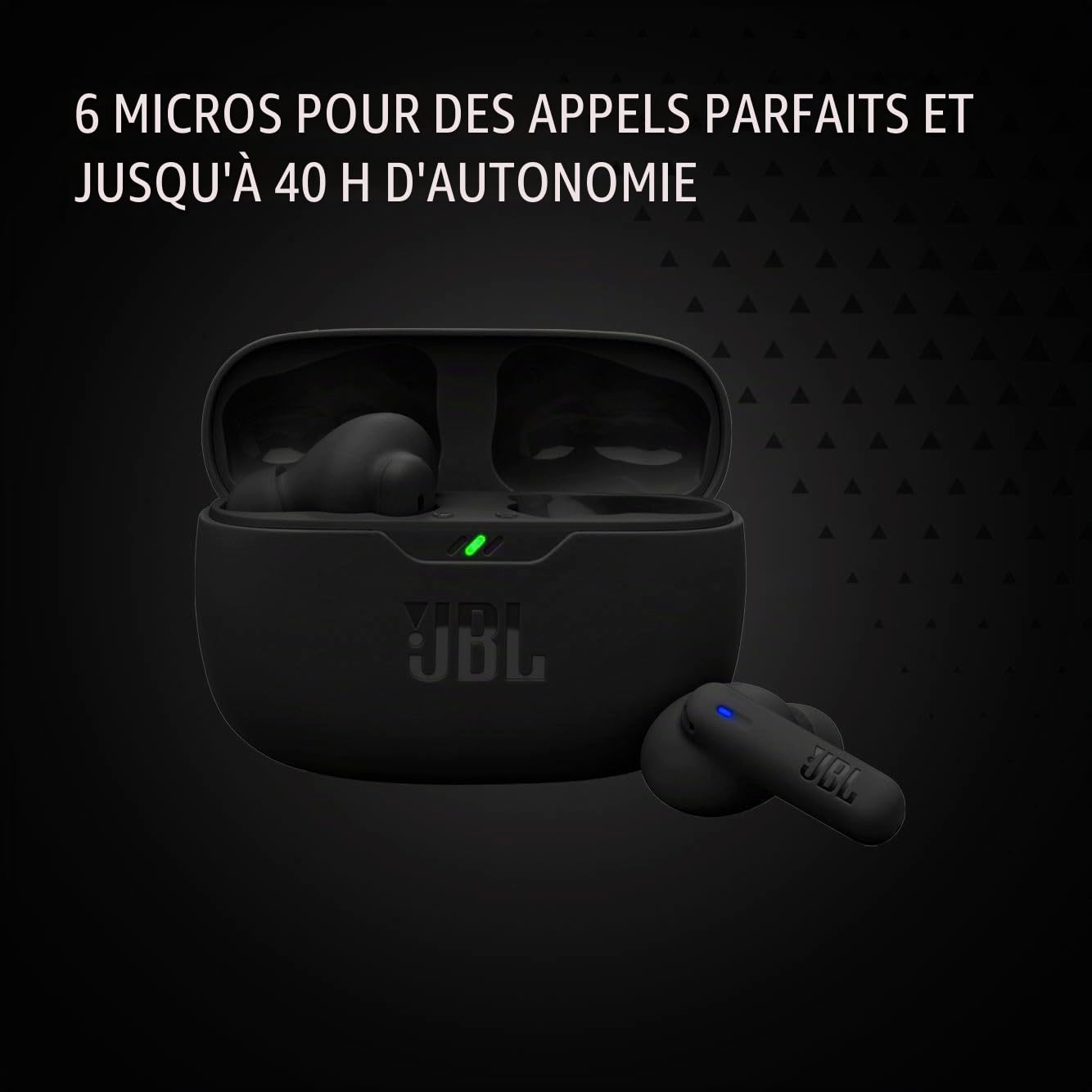 JBL Vibe Beam 2 Écouteurs sans fil antibruit avec son JBL Pure Bass et technologie d'ambiance intelligente, 4 micros pour des appels clairs et nets, jusqu'à 40 heures de lecture, IP54 résistants à la