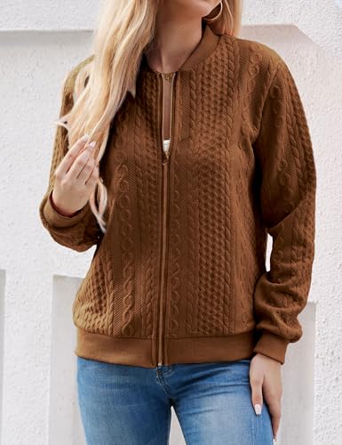 Image of WROLEM Women's Zip Up Cardigan Sweater Cable Hoodies Long Sleeve Jacket Outfits Crewneck Casual Coat