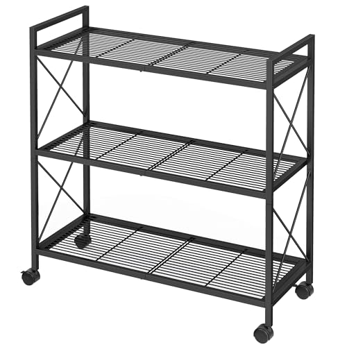 SONGMICS 3-Tier Metal Storage Rack with Wheels, Mesh Shelving Unit with X Side Frames, 31.5-Inch Width, for Entryway, Kitchen, Living Room, Bathroom, Industrial Style, Black UBSC183B01 Black