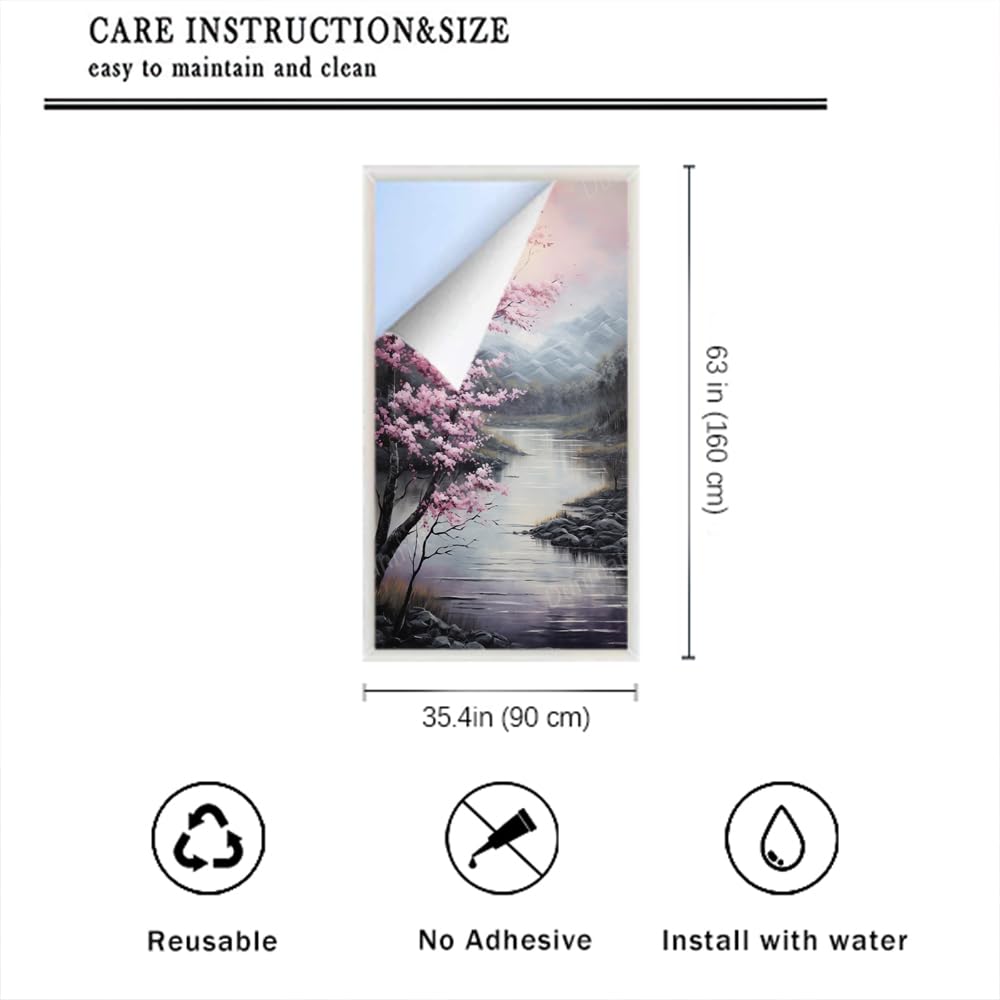 Rustikale Berg Fenster Sichtschutzfolie Tinte Landschaft Rosa Kirschblüten Buntglas Fensterfolie Sonnenblockierung Wärmeregulierung Dekorative Fensterabdeckfolie für Home Office 90 * 160cm
