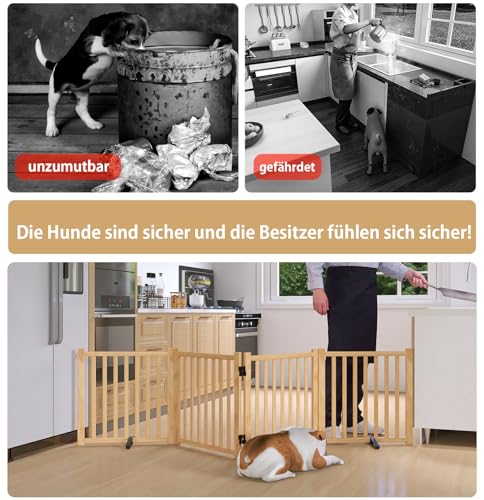 Pshelfy Hundeabsperrgitter aus Holz 4 Paneelen 58cm Höhe - Freistehend & Faltbar, 360° Drehbar für Tür, Treppe, Flur als Welpen-Gitter & Kinderschutzgitter (BxH: 234 cm x 58 cm, Naturholz)