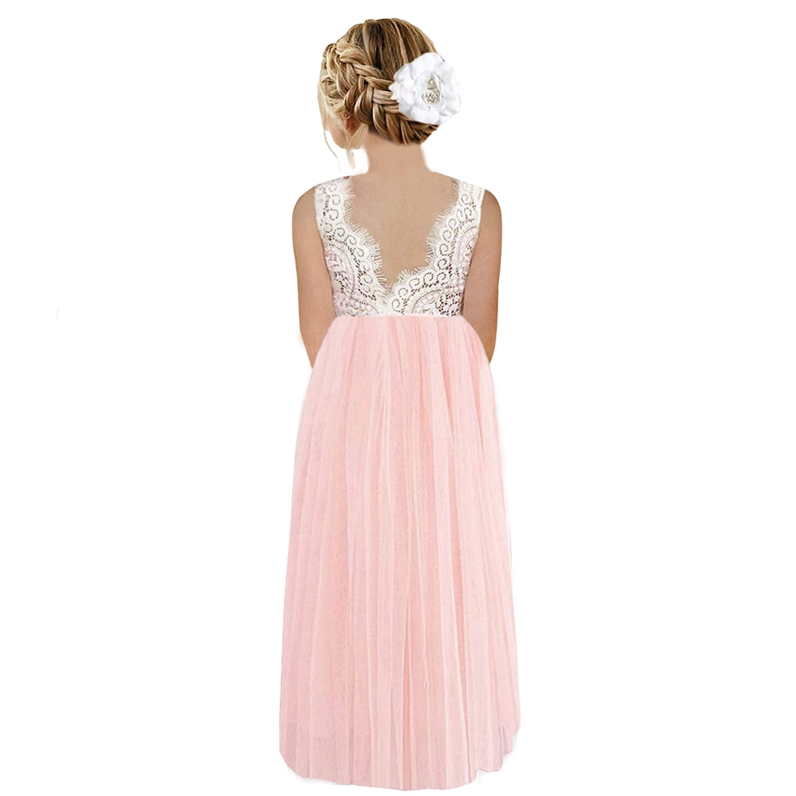OFIMAN Vestido tutú de tul de princesa para niñas con flores, vestido de encaje sin espalda, vestido acampanado para niños, boda, fiesta, falda de baile